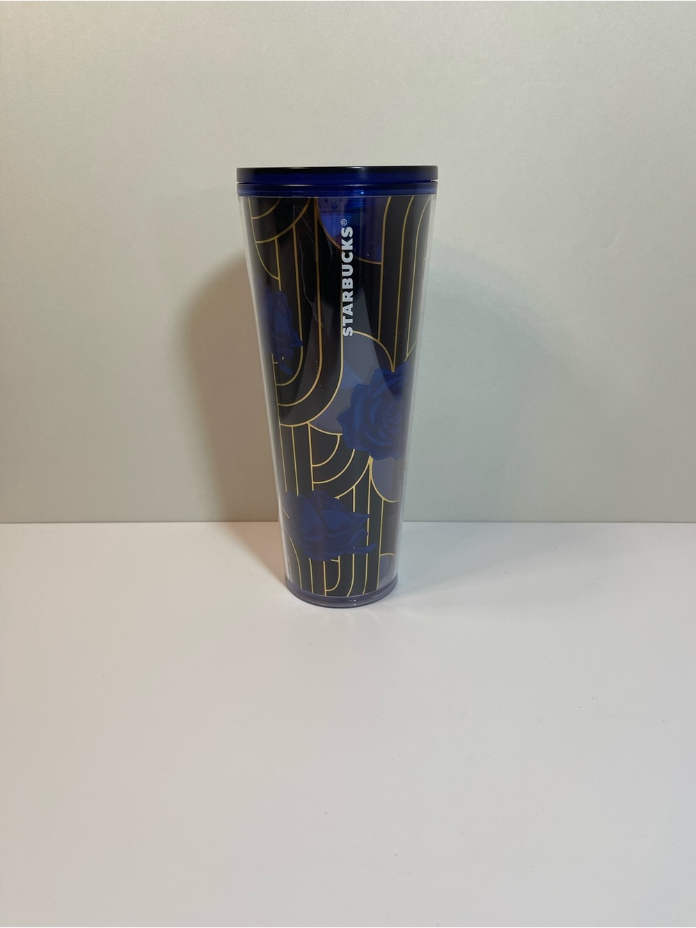 Starbucks Tumbler Cobalt Blue & Gold Rose 24Oz Venti Art Deco Coffee Tea Cup